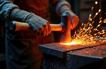 Blacksmith strikes red-hot metal with hammer. Glowing sparks fly. Traditional craft work in forge. Skilled worker shapes metal using manual tools. Industrial manufacturing process. Man works in