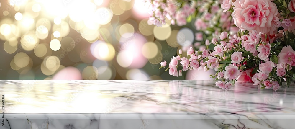 Poster empty marble table from a top view with a blurred floral background featuring bokeh. with copy space