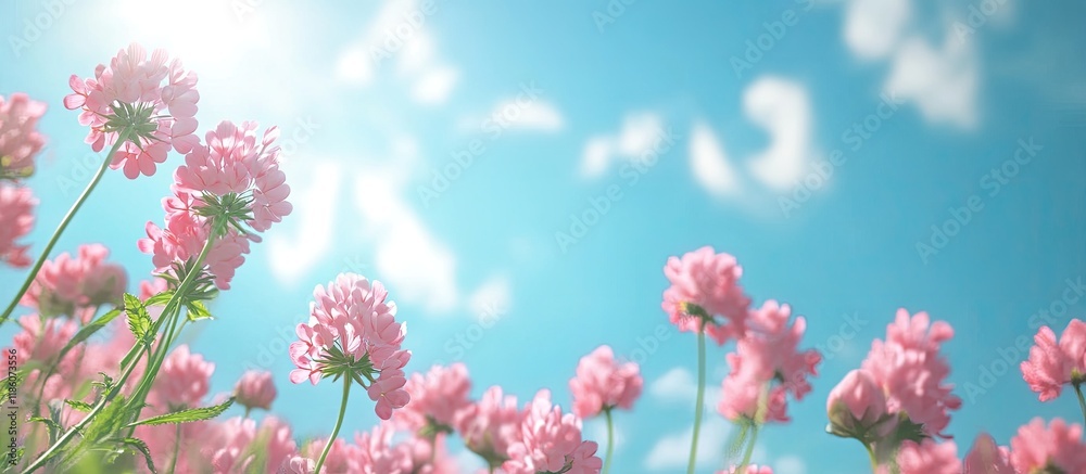 Poster Wild pink flowers of Alsike clover Trifolium hybridum ssp elegans in a field with the sky in the background selective focus viewed from below. with copy space image. Place for adding text or design