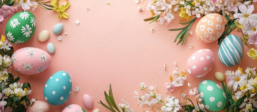Aufkleber Easter greeting card featuring vibrant Easter eggs and flowers Top view flat lay with room for your greetings. with copy space image. Place for adding text or design