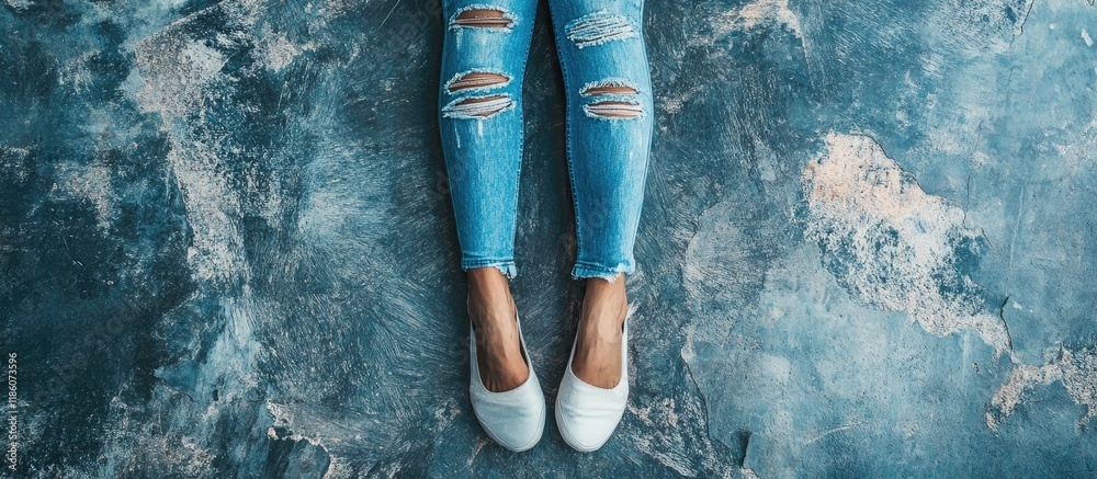 Poster Legs in torn denim jeans on a background. with copy space image. Place for adding text or design