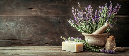 Spa or herbal medicine theme mortar and pestle soap bouquet of lavender and rosemary on a rustic wooden backdrop with copyspace