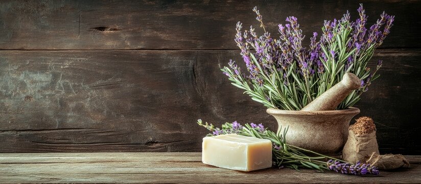 Spa or herbal medicine theme mortar and pestle soap bouquet of lavender and rosemary on a rustic wooden backdrop with copyspace