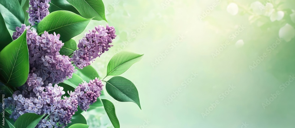 Sticker a lilac branch against a backdrop of green leaves spring. with copy space image. place for adding te