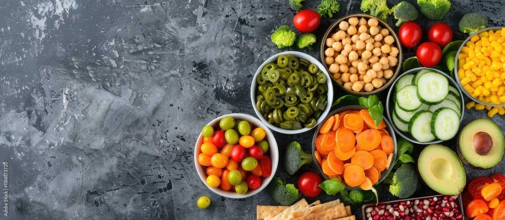 Poster nutritious snacks fresh veggies top view with copy space