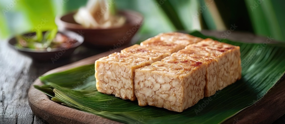 Fototapete tempe mentah uncooked tempeh raw soybean cake on a banana leaf. with copy space image. place for add