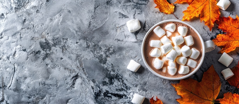 Aufkleber Hot chocolate with marshmallows and autumn leaves on a stone or concrete background Top view flat lay copyspace
