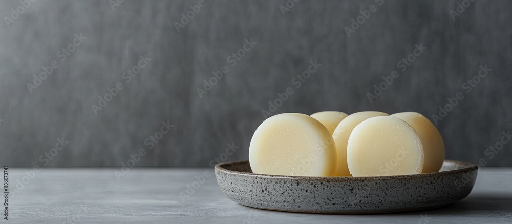 Poster Handmade solid shampoo and conditioner bars positioned in a soap dish against a grey background Copy space for text