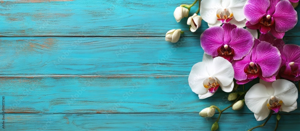 Poster Violet and white orchid flowers on a turquoise wooden background top view. with copy space image. Place for adding text or design