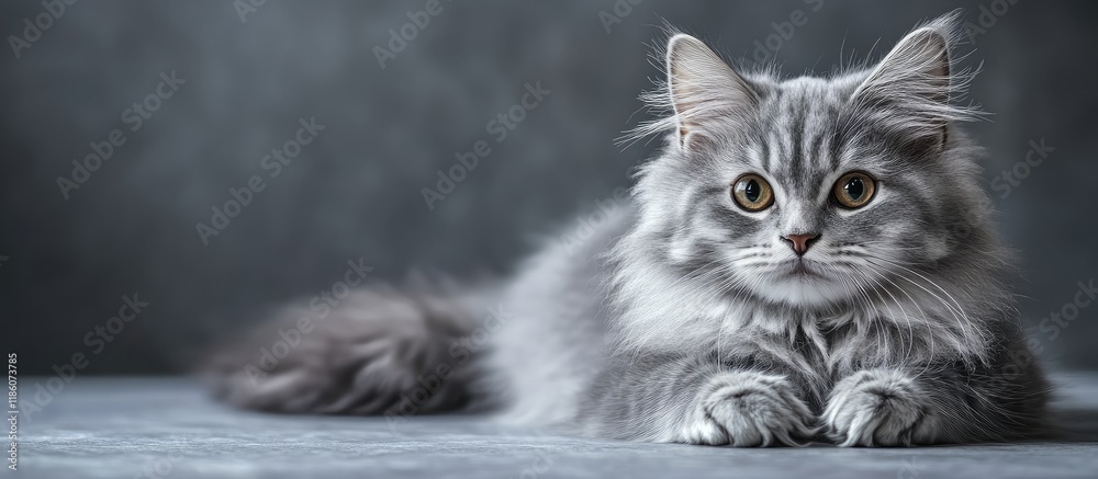 Poster Siberian breed female cat gray silver in color Attractive kitten resting comfortably. with copy space image. Place for adding text or design