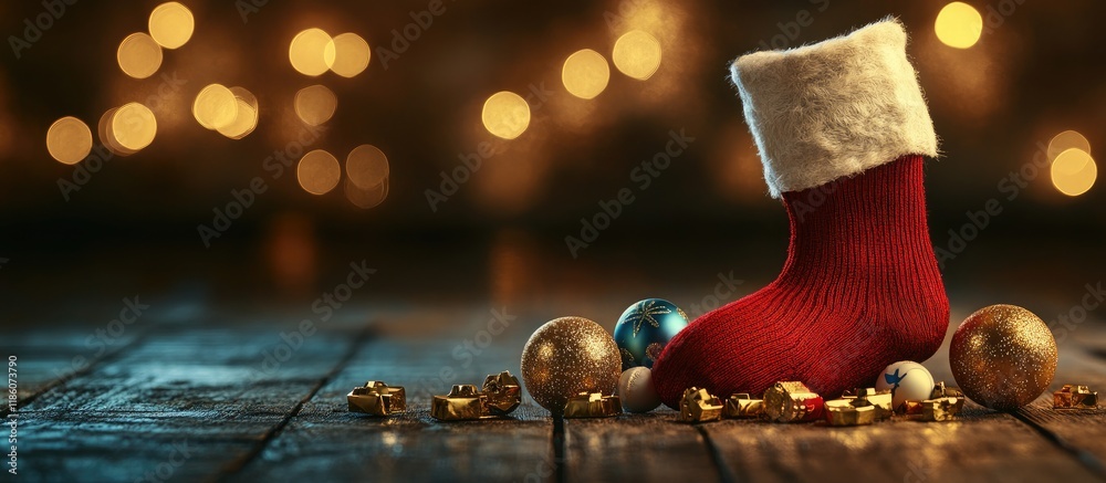 Aufkleber Gold balls and toys beside a Christmas sock on a wooden surface. with copy space image. Place for adding text or design