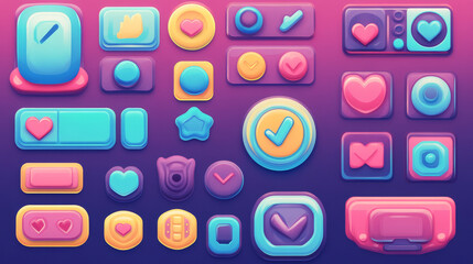 Game menu interface, ui buttons. Cartoon glossy gui elements, progress bar, user settings panel, slider, star, heart, pause and arrows login and password board blue and orange color, Vector icons set