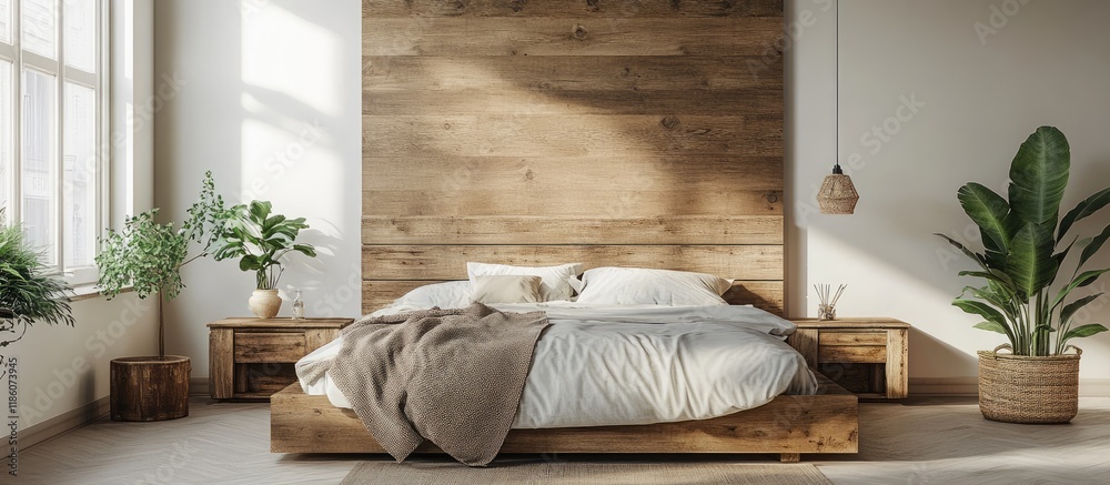 Poster Current simple bedroom in a natural style featuring wooden decor. with copy space image. Place for adding text or design