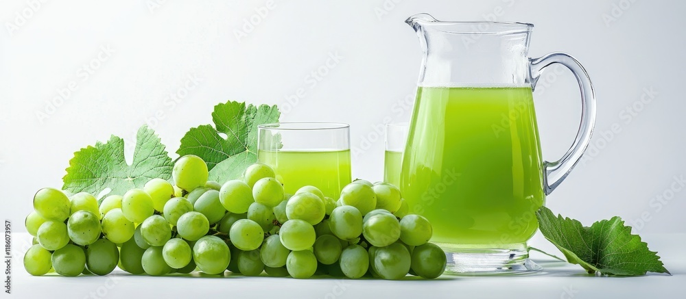 Aufkleber fresh grape fruit with green leaves set against a white background a cluster of green grapes alongsi