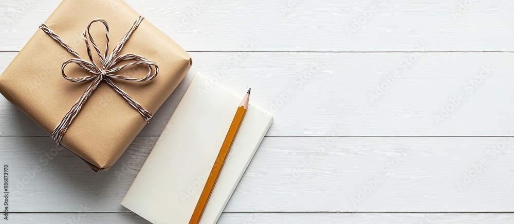Poster Notebook on a white table alongside a gift box and a pencil. with copy space image. Place for adding text or design