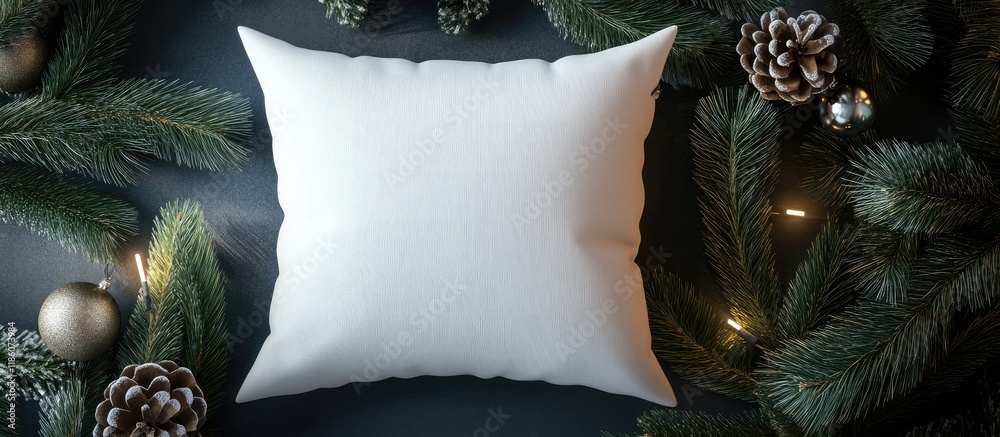 Poster Christmas cushion tree top view flat lay. with copy space image. Place for adding text or design