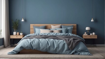cozy home bedroom interior with unmade bed, beige plaid and cushions on empty Stormy Blue