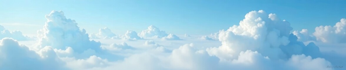 Fototapeta premium Cloudy sky with fluffy white clouds and blue haze, landscape, fog