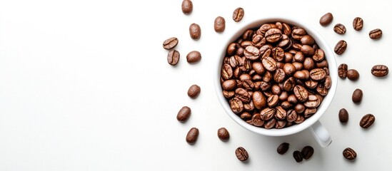 Obraz premium Roasted coffee beans in a cup against a white background top view. with copy space image. Place for adding text or design