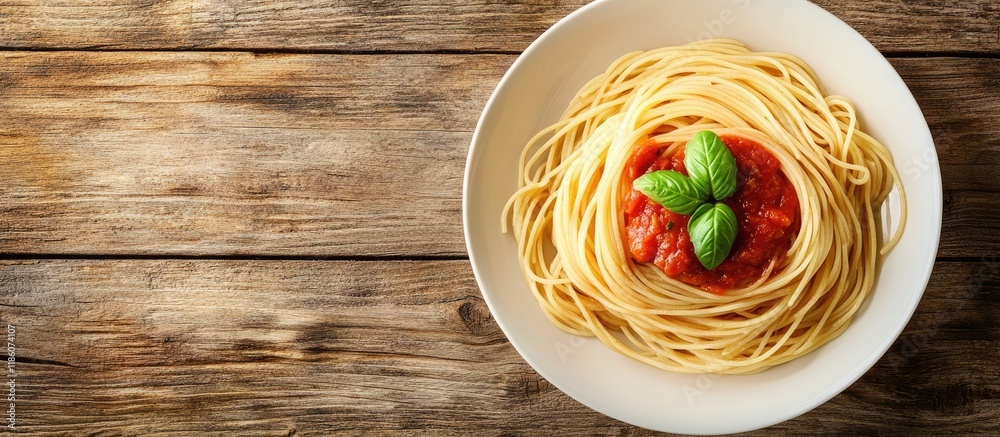 Poster Spaghetti pasta with tomato sauce on a wooden table stock images Bowl of spaghetti Spaghetti topped with basil on a wooden background with copyspace for text Top view of spaghetti with copy space