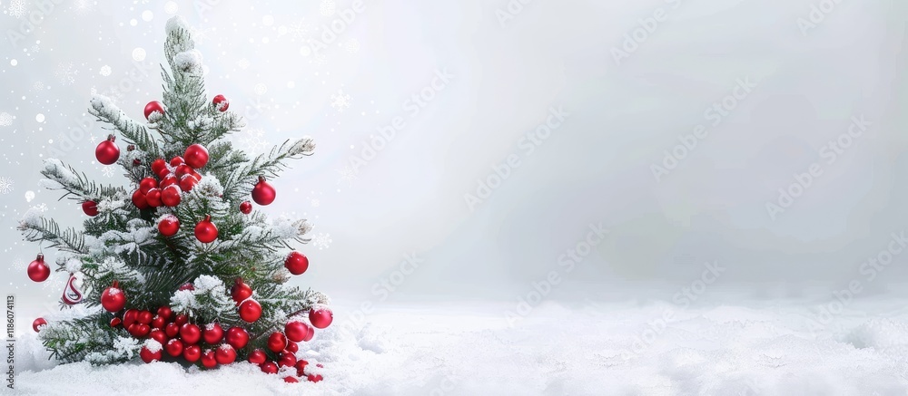 Poster green fir tree with red christmas decorations on white snow. with copy space image. place for adding