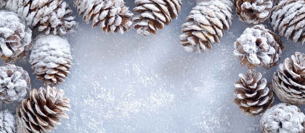 Poster Christmas border design featuring snow covered pinecones tinted. with copy space image. Place for adding text or design