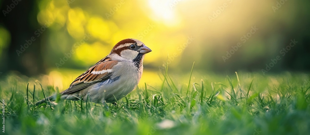 Poster a female house sparrow is perched in the green grass. with copy space image. place for adding text o