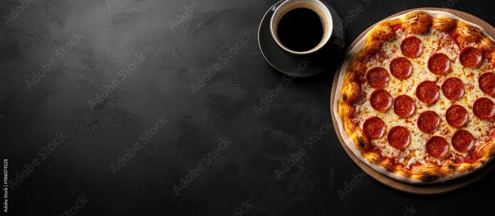 Aufkleber fresh hot pepperoni pizza and coffee on a black background. with copy space image. place for adding 