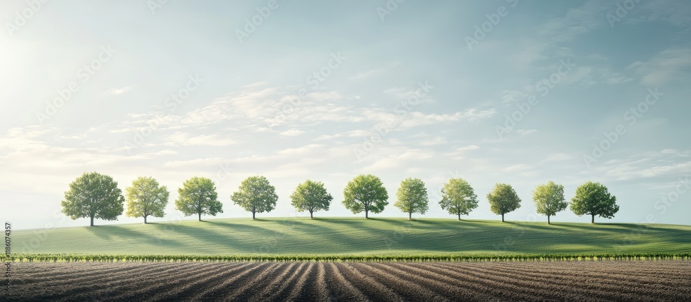 Fototapete Agricultural landscape featuring a row of trees on the horizon Scene of farmland during springtime. with copy space image. Place for adding text or design