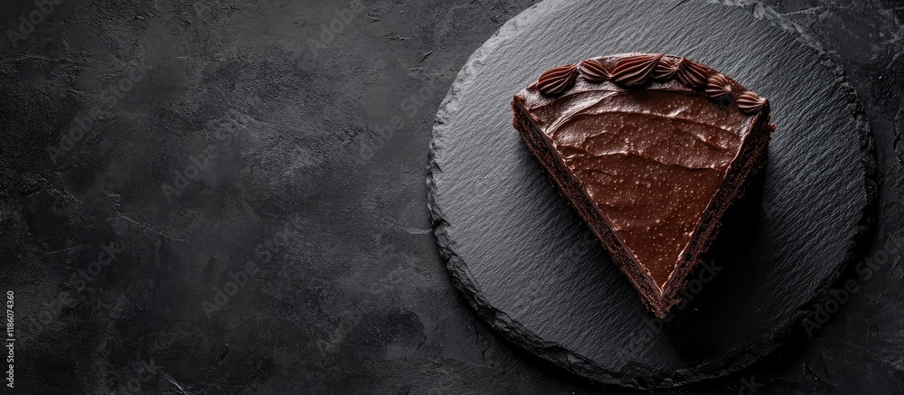 Fototapete slice of chocolate cake presented on a black stone top view. with copy space image. place for adding