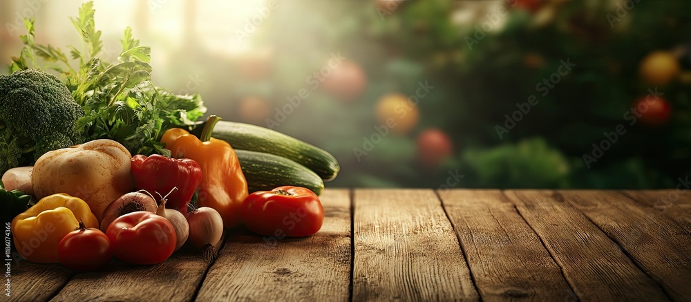 Poster assortment of various vegetables with copy space on a wooden table healthy eating focused on vegetar