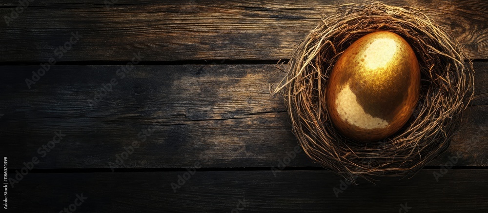 Poster Golden egg in a nest set against a dark wooden backdrop. with copy space image. Place for adding text or design