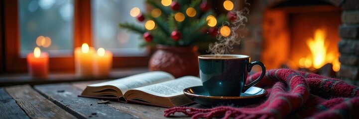 Cozy winter morning with steaming coffee and book, fireplace, warm lighting, festive atmosphere
