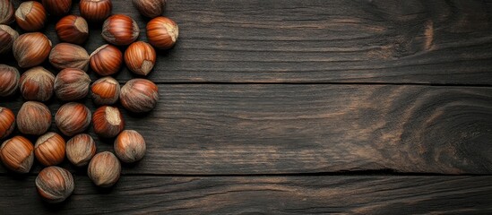 Hazelnuts on a dark wooden surface Background and textures. with copy space image. Place for adding text or design
