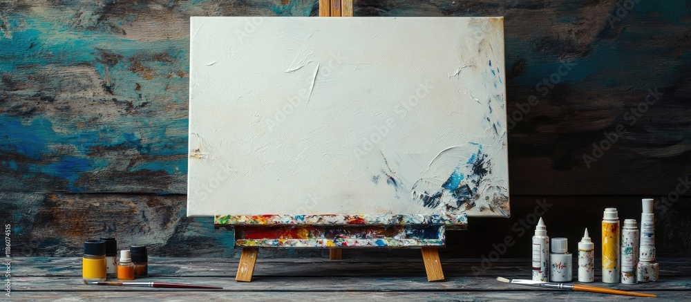 Poster Artistic paintbrushes canvas on an easel tubes of oil paint and a palette knife on a wooden board. with copy space image. Place for adding text or design