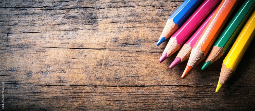 Poster back to school theme with colored pencils on a wooden desk. with copy space image. place for adding 