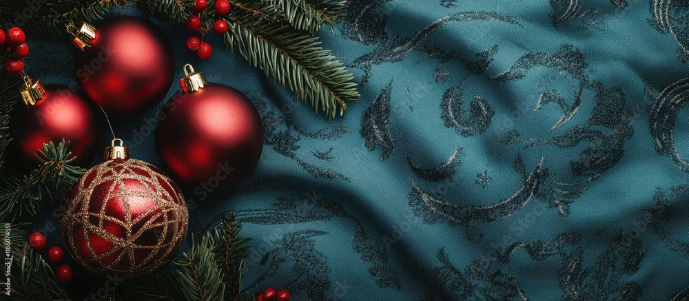 Aufkleber Christmas toys on a fabric background. with copy space image. Place for adding text or design