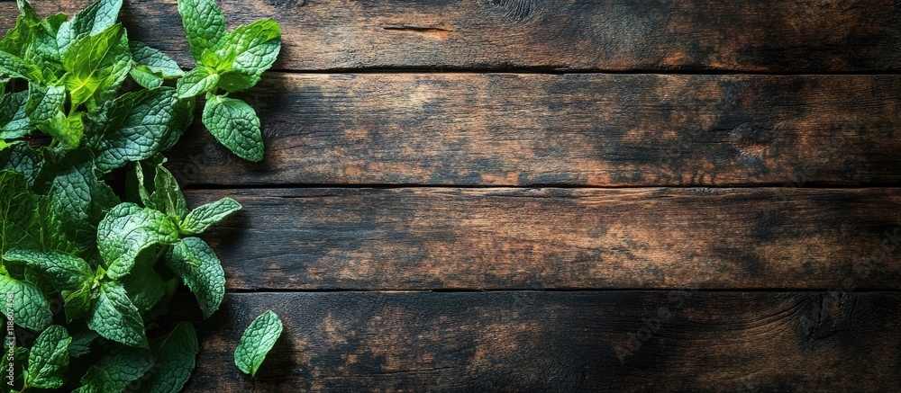 Leinwandbilder fresh mint leaves on a rustic wooden table. with copy space image. place for adding text or design
