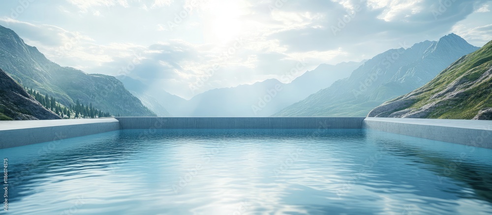 Aufkleber Water reservoir dam retaining water with mountains in the background. with copy space image. Place for adding text or design
