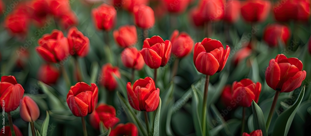 Fototapete Close up of red tulips blossoming in a flowerbed. with copy space image. Place for adding text or design