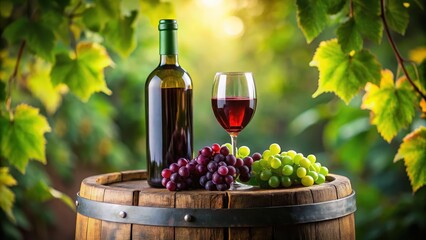 Fototapeta premium A richly colored bottle of red wine sits atop a sturdy glass