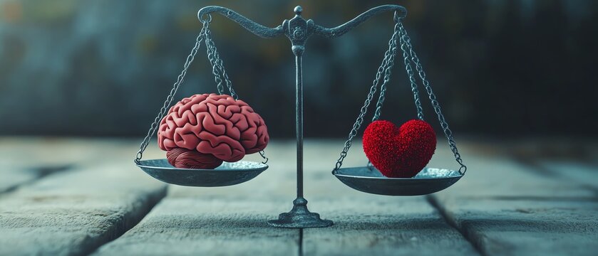 Visual representation of a scale with a brain on one side and a heart on the other, depicting the conflict between reason and feeling