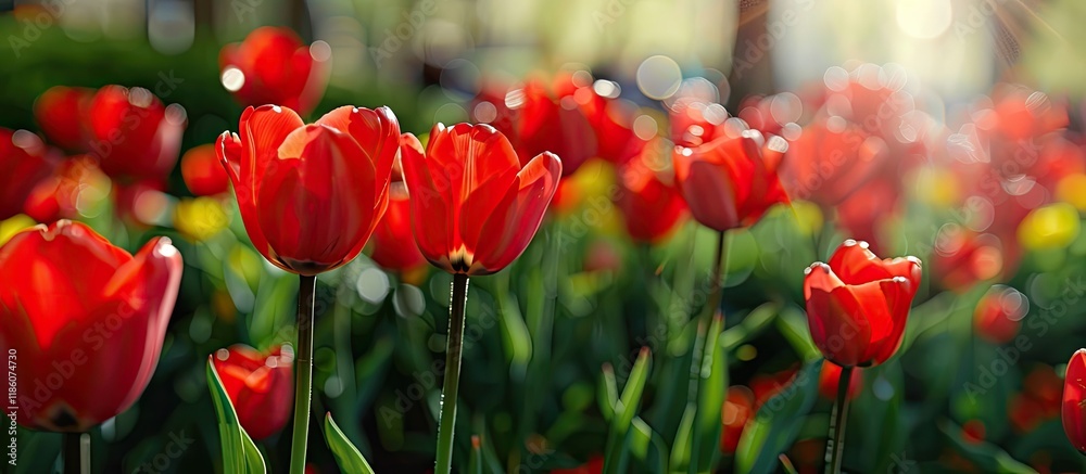 Leinwandbilder Close up of red tulips blossoming in a flowerbed. with copy space image. Place for adding text or design