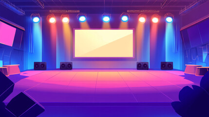 Scene for presentation, conference hall, empty stage interior with huge screen presenting business infographics, tribune, glowing spotlights and acoustic dynamics by sides, Cartoon vector illustration