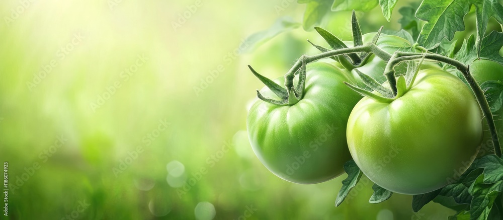 Leinwandbilder green tomatoes in the garden. with copy space image. place for adding text or design