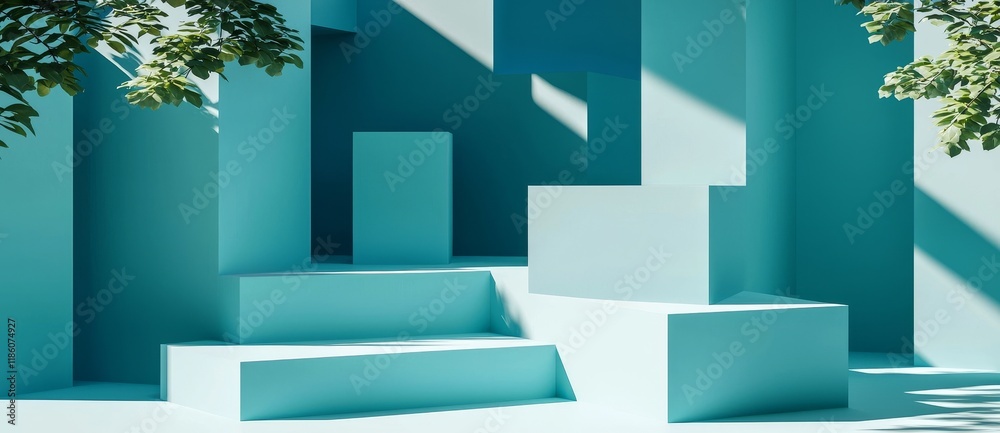 Poster a minimalist blue setting with cubes arranged in a path that converges on a light source