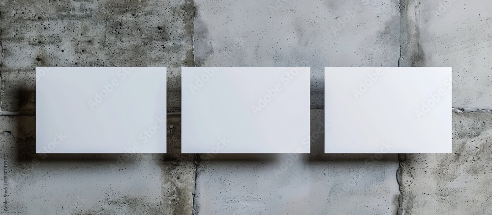 Poster Blank white business cards set against a concrete background Mockup for brand identity. with copy space image. Place for adding text or design