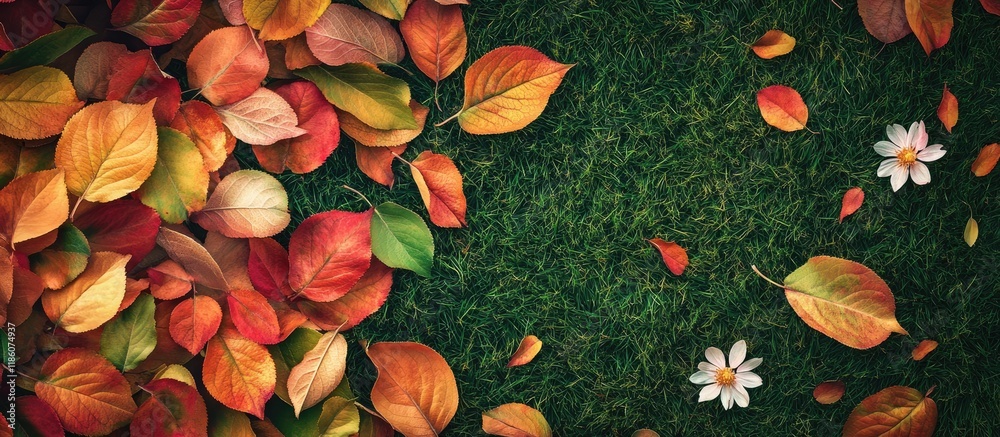 Poster fallen leaves from an apple tree in various colors with flowers on the grass during autumn. with cop