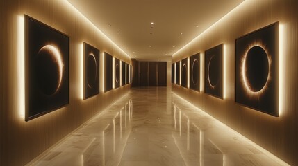 Corridor displays showcasing framed solar eclipse prints under soft illumination create a gallery-like ambiance