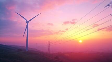 Fototapeta premium A beautiful sunset silhouettes a wind turbine against the sky. Renewable energy transforms landscapes. Nature meets technology in harmony. Generative AI